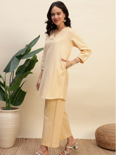 Cream Color Cotton Flax Fabric Regular Fit V-Neck Co-Ord Set for Women